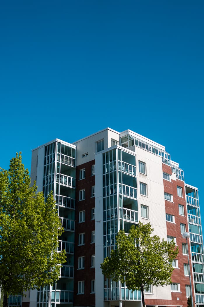 About Contemporary apartment building in Lahti, Finland, captured in bright daylight.